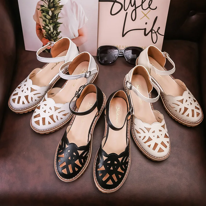 

2019 Sandals Women's Summer New Style Korean-style Extra High Breathable Semi-high Heeled Straight-line Buckle round-Toe Hollow