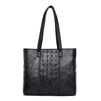 

Rivet Soft Leather Tote Shoulder Bags for Women 2020 Vintage Black Ladies Hand Bags Luxury Leather Brand Women Handbags Bolsos