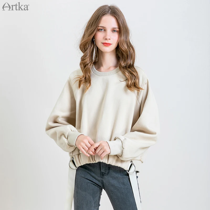 

ARTKA 2019 Winter New Women Sweatshirt Casual Solid Color O-Neck Pullover Sweatshirts Velvet Thicken Short Sweatshirt VA15193D