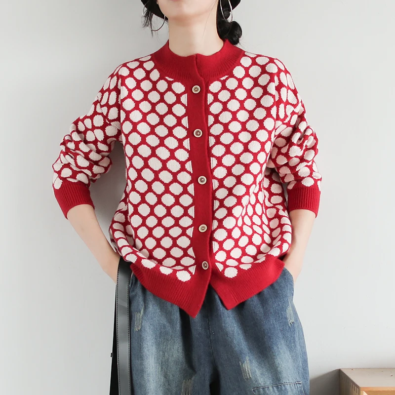 

Johnature Women Cardigan Sweaters Dot 4 Color 2019 Autumn New Mori Girl Sweet Cloths Casual Button Long Sleeve O-Neck Sweaters