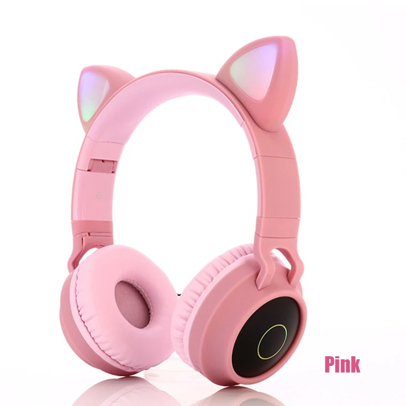 Милые кошачьи ушки Bluetooth 5,0 беспроводные наушники детские наушники складные на ухо стерео гарнитура с микрофоном светодиодный светильник FM радио/TF карта - Цвет: Pink