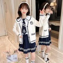 

Fashion Children's Suit Girls College Jk Skirt Coat Shirt Three Piece Set Spring And Autumn Tie Decorative Children's Suit