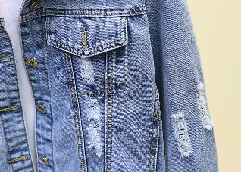 Весна BF Hole Woamn Denim Gacket женский свободный тонкий длинный рукав Дикий короткий параграф красивый Gackets джинсовые Geans пальто