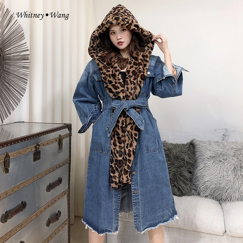 WHITNEY WANG Autumn Winter Fashion Streetwear Detachable Leopard Hooded Liner Patchwork Denim Trench Coat Women Jeans Coat
