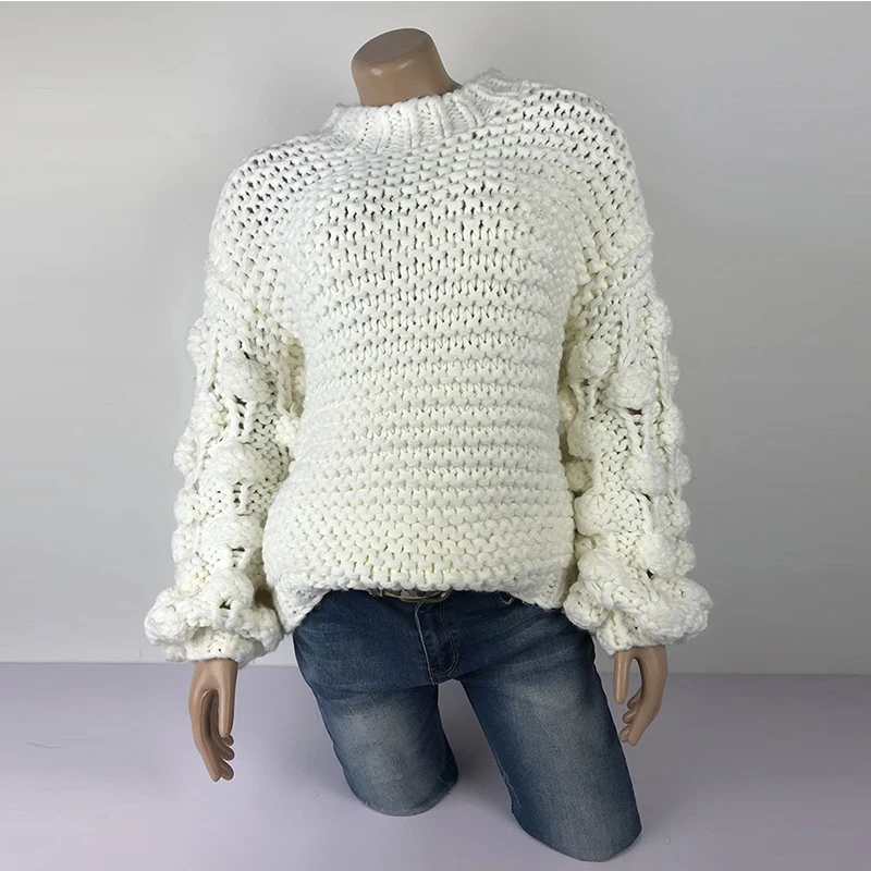 Высокий уличный ручной тканый зимний свитер с рукавами-фонариками, Женский плотный пуловер, женские теплые вязаные пуловеры с длинным рукавом