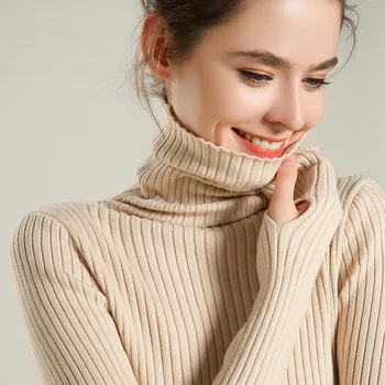 

Women's Sweater 2019 Autumn New Knitted Pullover High Collar Inside Sweater Solid Color Slim Bottoming Large Size Sweater Women
