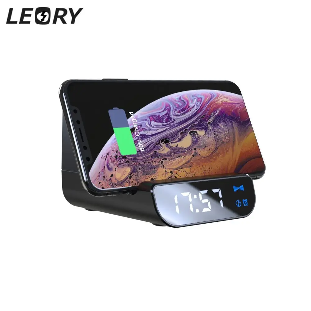 

LEORY Wireless Charger bluetooth Speaker Alarm Clock 4000 mAh Power Bank Fast Charging Phone Holder For iPhone 11 pro Huawei P30