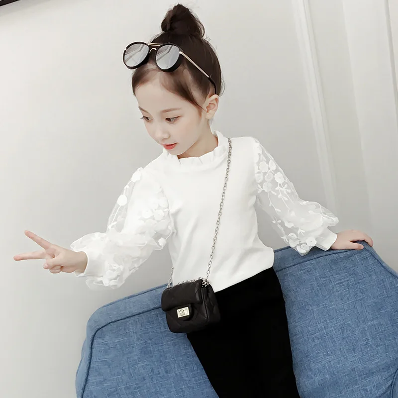 

Childrenswear 2019 Autumn New Style Girls Fashionable Base Shirt 100% Cotton Coat Middle And Large Children Puff Sleeve Sweater