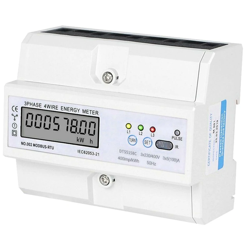 

3 x 5(100)A DIN Rail 3 Phase 4 Wire LCD Digital Wattmeter Electronic Power Consumption Energy Meter 3 x 230/400(V)