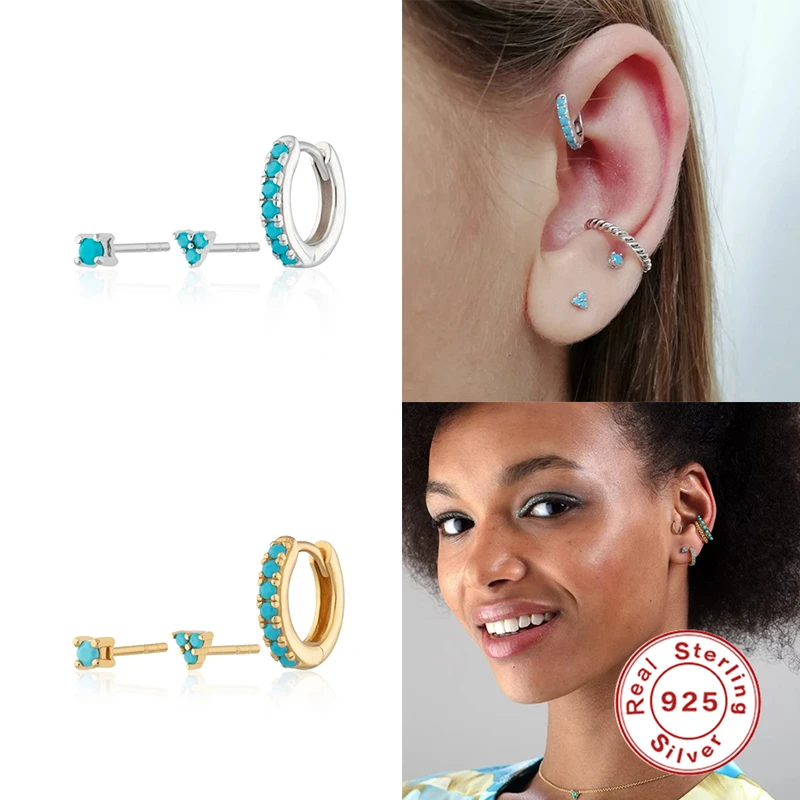 

Aide 925 Sterling Silver European and American Stud Earrings Fashion All-match Beautiful Turquoise Trinity Combination Earrings