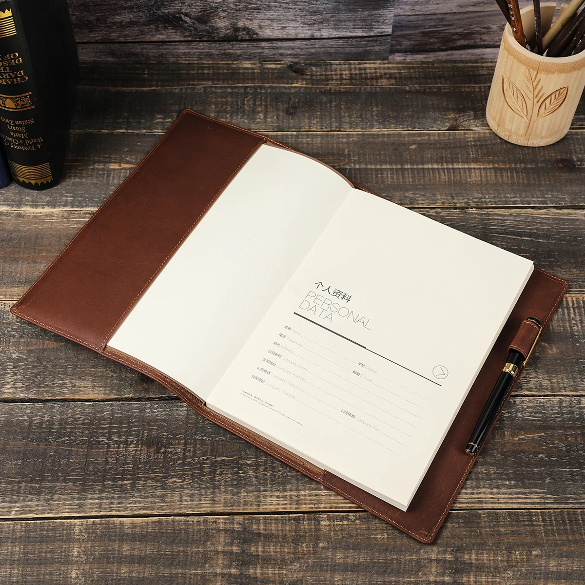 Vintage Leather Book Cover with Pen Holder – Premium Notebook Protector