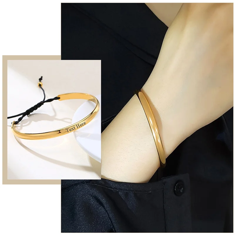 

Adjustable Black Rope Chain Bracelets for Women Personalize Custom Gold Color Stainless Steel Cuff Bangles Wristband Jewelry