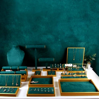 

Retro style green series jewelry plate brushed leather bracelet watch necklace ring jewelry display plate storage display