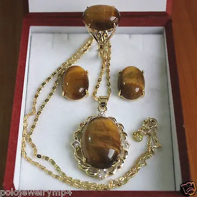 + Ювелирные изделия тигровый глаз камень кольцо серьги кулон набор&gt ^^ 1&gt 18 к