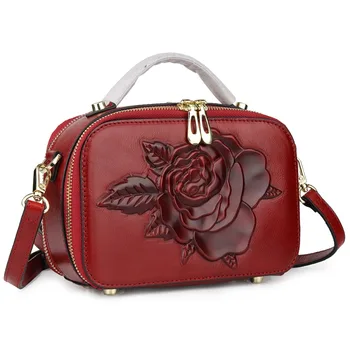 

Fashion Genuine Leather Messenger Bags Vintage Bag Embossed Roses Flowers Shoulder Bag Cross-body Bag Women Casual Handbag Totes