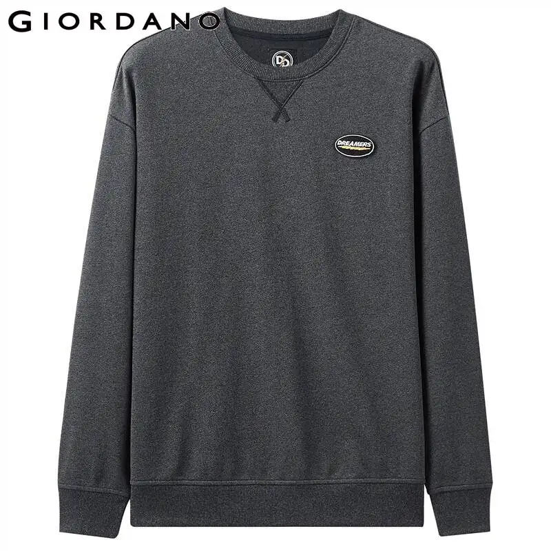  Giordano Men Sweatshirt Ribbed Crewneck Embroidery Pullover Long Sleeve Banded Cuffs and Hem Moleto