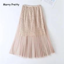 Merry Pretty сетчатые женские элегантные кружевные лоскутные плиссированные юбки осенние юбки до колен с высокой талией женские шикарные юбки