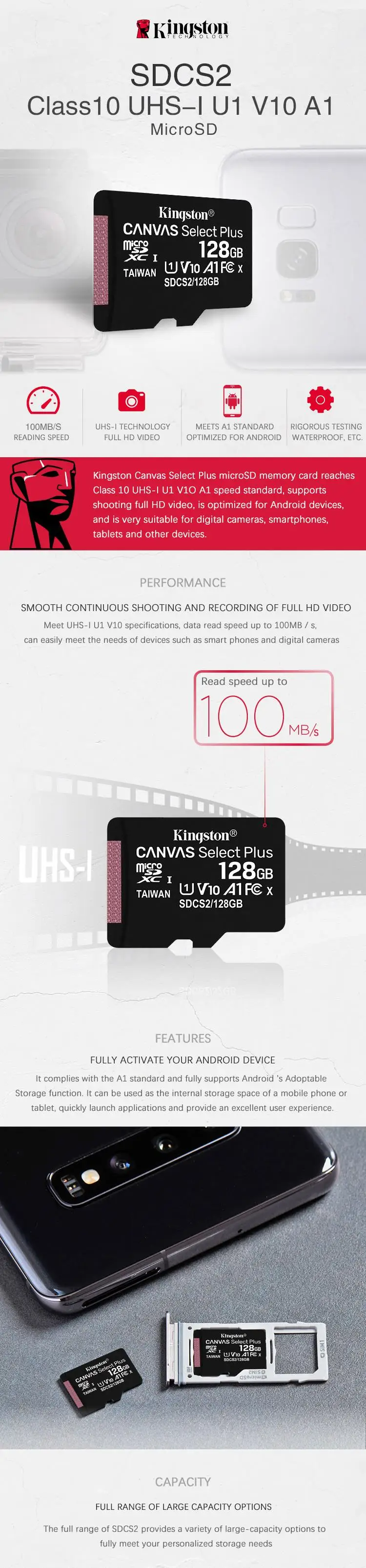 100MBs Works with Kingston Kingston 128GB Alcatel Avalon V MicroSDXC Canvas Select Plus Card Verified by SanFlash. 100MBs Works with Kingston Kingston 128GB Alcatel Avalon V MicroSDXC Canvas Select Plus Card Verified by SanFlash.
