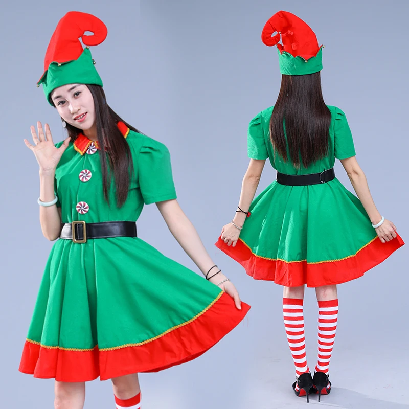 Kids Adults green Elf christmas Costumes Festival Santa Claus for Girls boys New Year baby clothing Fancy Party Dress 70-180cm