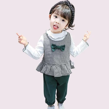

Girls Clothes Ruffle T-shirt + Vest + Pants 3 Pcs Girls Outfits Plaid Suit For Girls Spring Autumn Casual Baby Clothes For Girls
