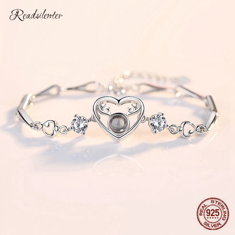 Браслет в форме сердца из стерлингового серебра S925 пробы, женский браслет с проекцией на 100 языках, браслет из стерлингового серебра с надписью I love you, браслет на День святого Валентина