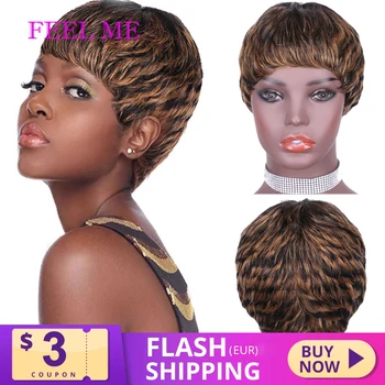 

FEEL ME Pixie Cut Wig Natural Curls Short Straight Wigs Peruvian Wig Natural Color 130% Density Human Hair Wigs For Black Women