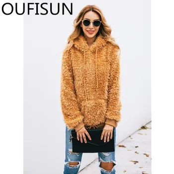

Oufisun 2020 Autumn Winter Solid Thicken Hooded Sweatshirts Fashion Lace Up Full Sleeve Hoodies Casual Womens Pockets Sweatshirt