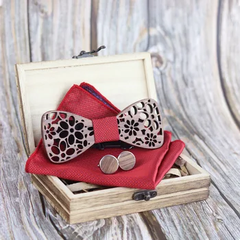 

2020 Men Hollow Out Carved Wood Bowtie Dot Plaid Pocket Square Cufflinks Box Neck Tie Set Wedding Party Gift Bowtie Novelty Ties