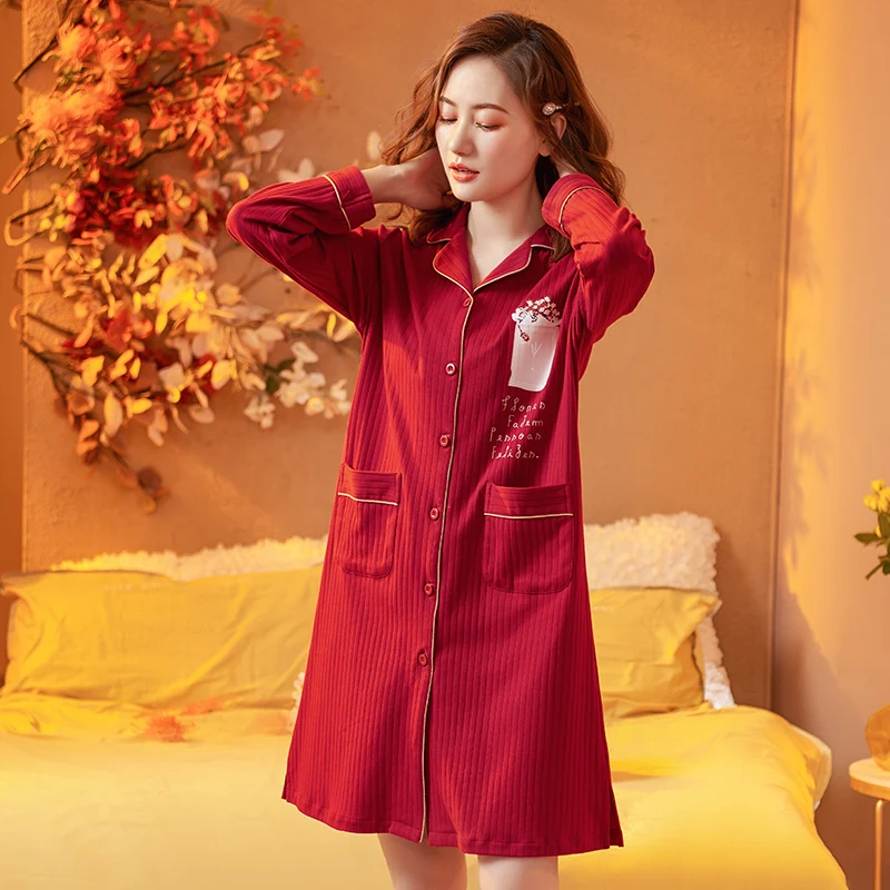

2022 Autumn Pure Cotton Women Nightgown Female Cute Floral Print Pocket Sleepwear Long Dress Lady Sleepshirt Casual Home Clothes