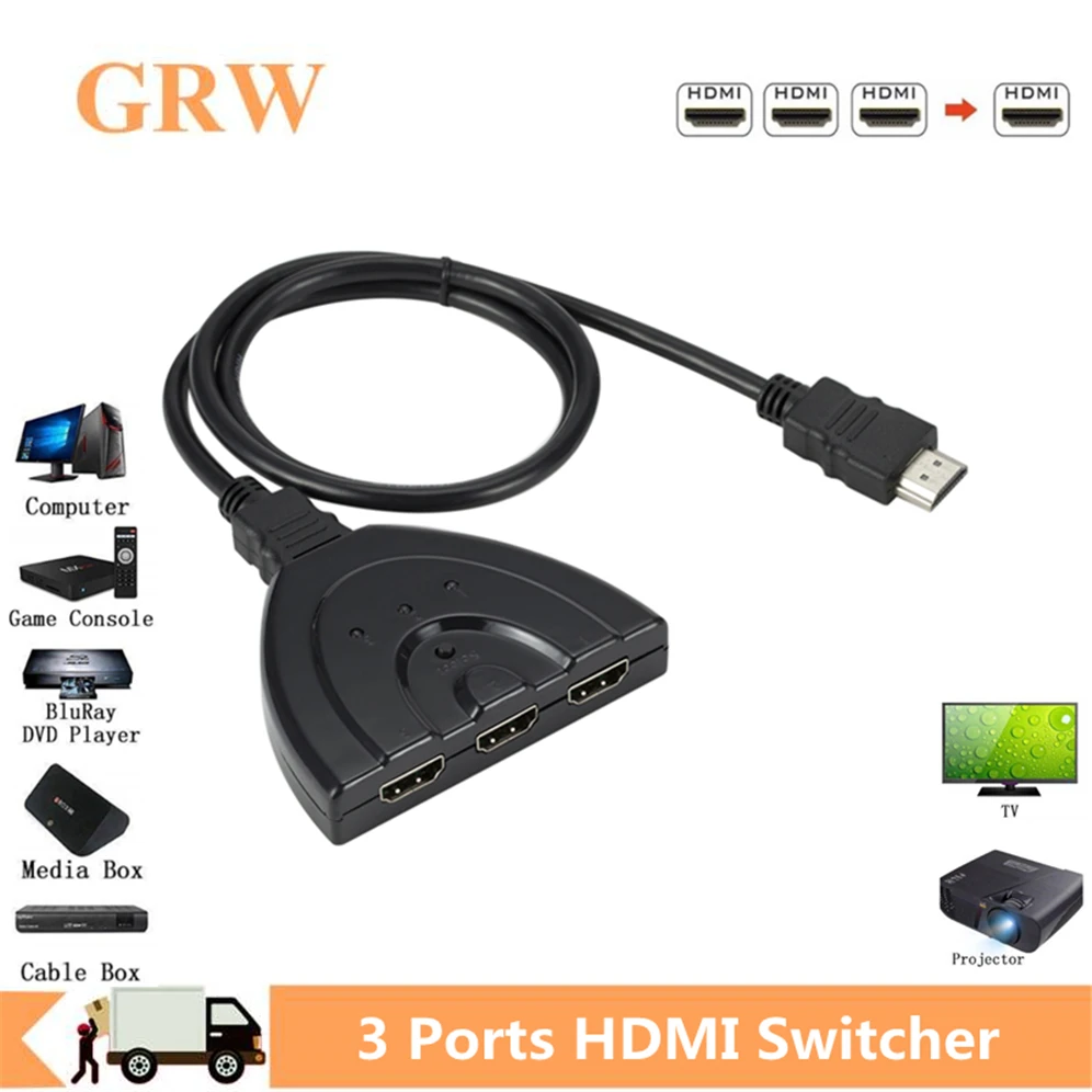 GRWIBEOU-Cable adaptador de conmutador HDMI de 3 puertos, 1080P, divisor HDMI, HUB, 3 en 1, puertos de salida, interruptor Hub para HDTV PC