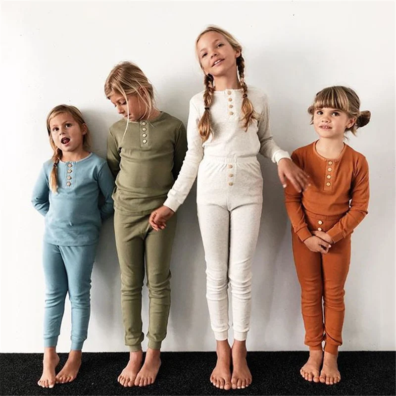  1-6T Toddler Baby Kid Girl Boy cotton Clothes set Plain Solid Color pajamas set Elegant Sleepwear N