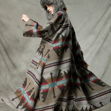 Дизайн для женщин Осень Зима Винтаж Национальный тренд негабаритных длинное шерстяное пальто Индийский тотем печати теплый поясом шерстяная куртка