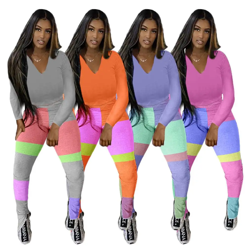

Autumn Winter New Women Cotton Patchwork Two Piece Outfit Set Long Sleeve V Neck Tops Slim Pleated Flared Pants Matching Set