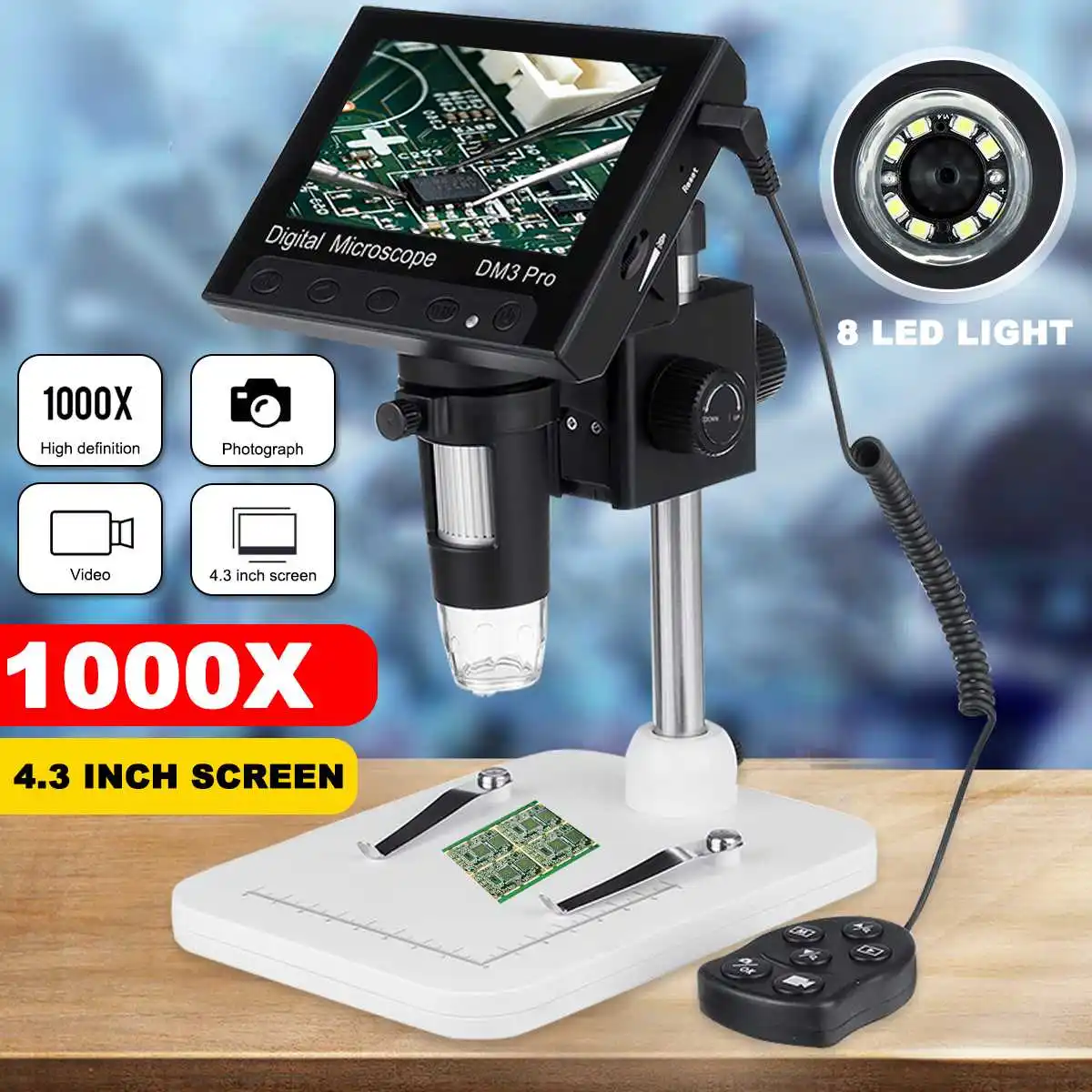 1000x 2.0MP USB Digital Electronic Microscope DM4 4.3"LCD Display VGA