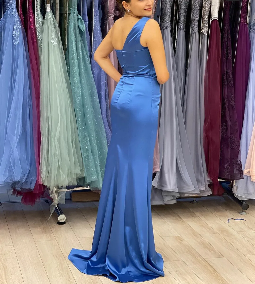 red prom dress Elegant Long Blue Satin Prom Dresses with Slit Mermaid One Shoulder Zipper Back Floor Length Robe De Soiree Formal Party Gown yellow prom dresses