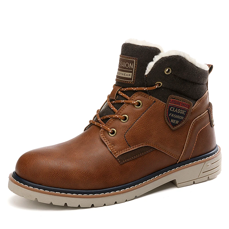 TANTU Men's High-cut Waterproof Military Tactial Boots Leather Warm Fleece Winter Sneakers Snow Boots Non-slip Hiking Shoes - Цвет: LightBrownShoes