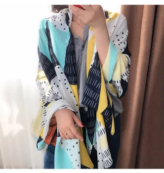 

KYQIAO long blue hijab scarf women female autumn spring Spain style long boho blue patchwork head scarf foulard femme