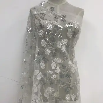 

Apricot Nigerian Lace Fabric 2020 High Quality Sequin White Embroidered Tulle African Fabric Tulle Lace Paillette Dress KRL-4129