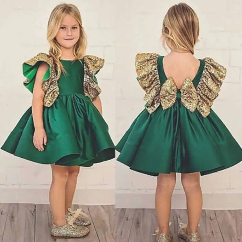 

European and American fashion girls dress sequined flying sleeve Bow Backless Princess Dress summer baby dress
