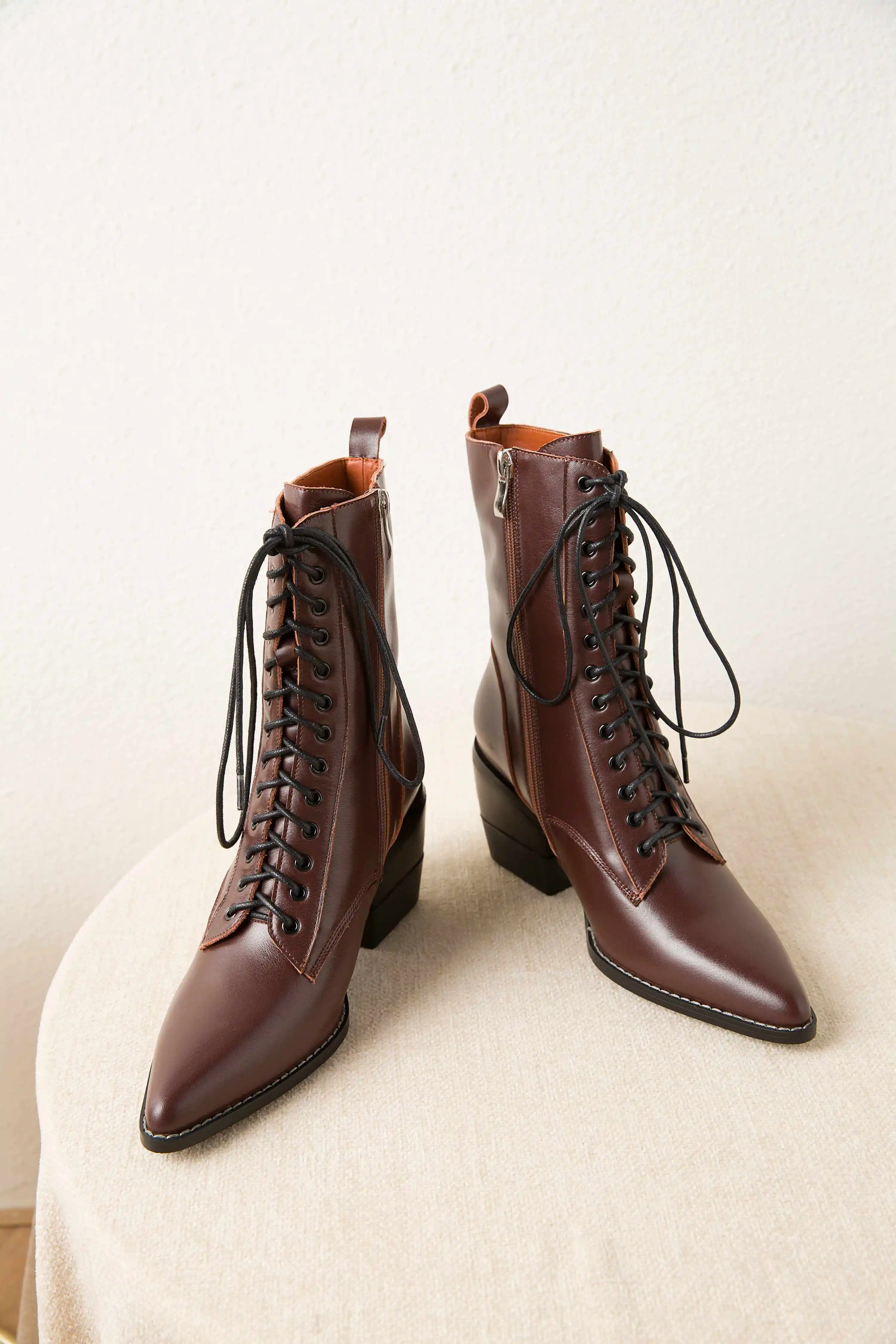 krazing pot hot superstar vintage cow leather boots pointed toe high heels lace up zip women winter fashion mid-calf boots L18