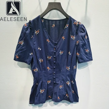 

AELESEEN Runway Fashion Women Blouse Blue White Summer Cotton Top V-Neck Floral Embroidery Party Holiday Blouse