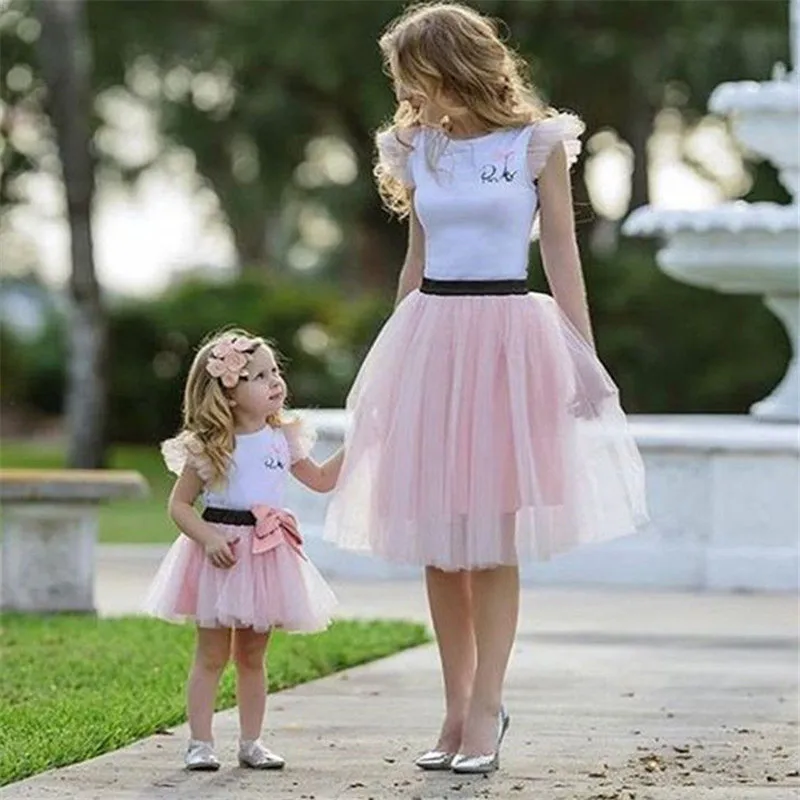 2 Piece Family Matching Outfits Set For Women Baby Girl Kid Solid Short Sleeve Tops T-shirt Skirt Tutu Mesh A Line Skirts | Мать и