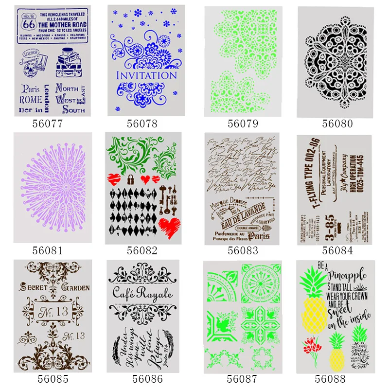 

1Pcs A4 DIY Stencils Wall Painting Scrapbook Coloring Embossing Album Decorative Paper Card Template 29*21cm 12 models Stencils
