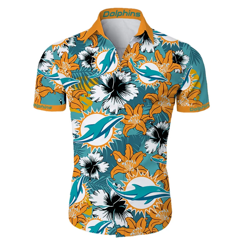 Camisetas informales de Miami para hombre, camisetas con estampado 3D de delfines de fútbol americano, hoja verde, Flor naranja