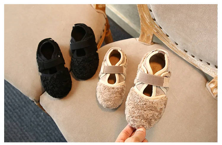 Girls Princess Shoes Kids Fur Shoes Casual Wool Shoes Children's Cotton Flat Shoes Solid Color Hook Loop Children Sneakers 21-37
