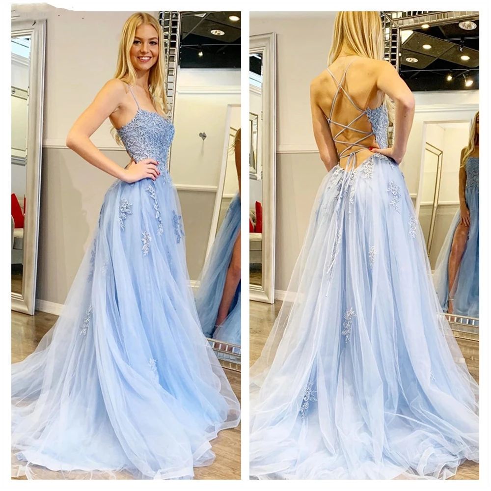 

Prom Dresses 2020 A Line Tulle vestidos de gala Formal Wear Appliques Lace Up Corset Evening Party Gowns