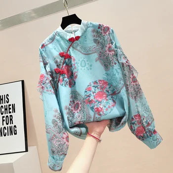 

Ladies Fashion Blouse 2020 Spring Summer Vintage Chinese Style Design Ruffled Chiffon Top Female Cheongsam Frog Floral Shirt 3XL