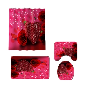 

4 Pcs Romantic Bathroom Shower Curtain Toilet Waterproof Cover Mat Home Decor