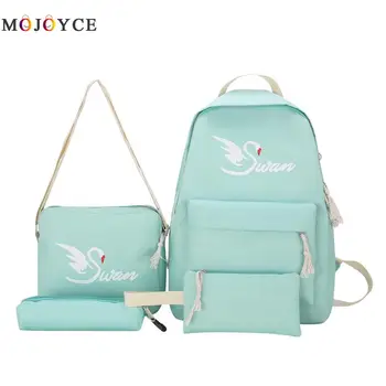 

4Pcs/set Women Backpack Preppy Style Swan Print Canvas Teenagers Girls Book Bag School Backpack