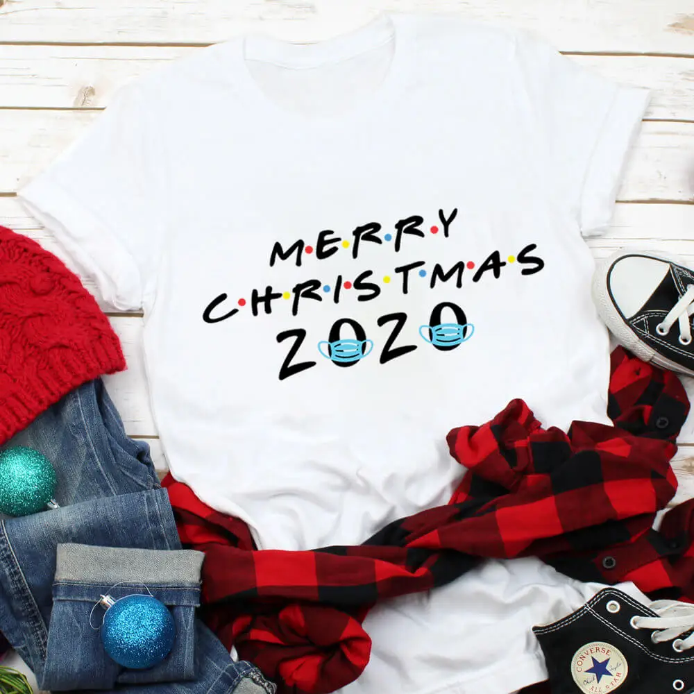 메리 크리스마스 2020 컬러 인쇄 100% 코 튼 여성 T 셔츠 남여 겨울 재미 캐주얼 o-넥 반팔 탑 신년 선물